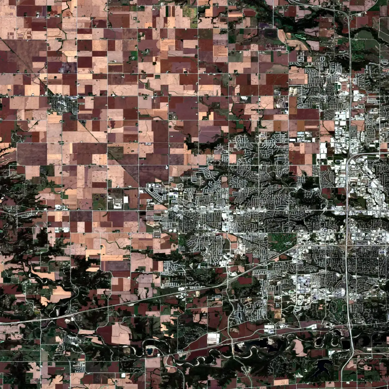 Sentinel-2 harvest composite of Iowa farmland used to illustrate the model reading many sensors at once