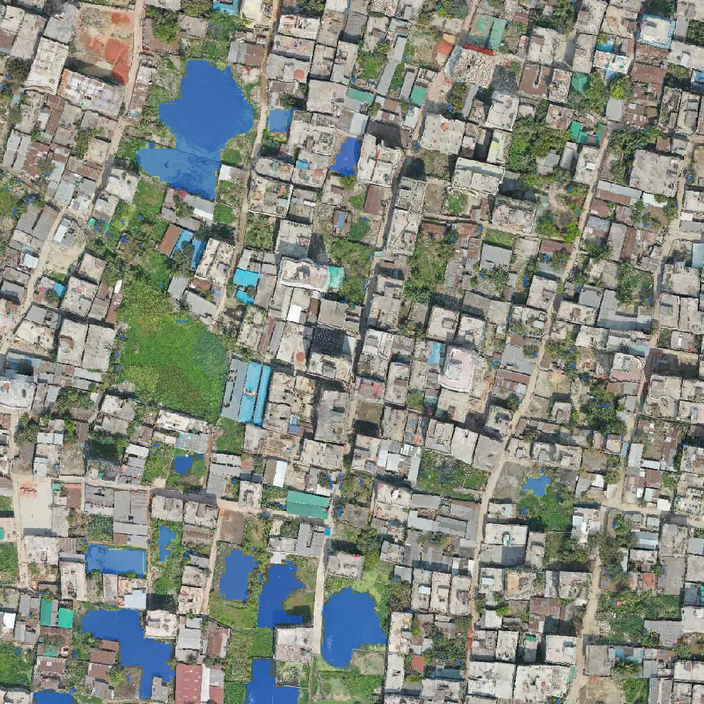 Aerial view of Dhaka with every pond marked in blue
