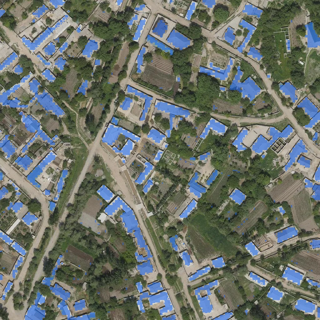 Aerial view of Lohur with every building picked out in blue
