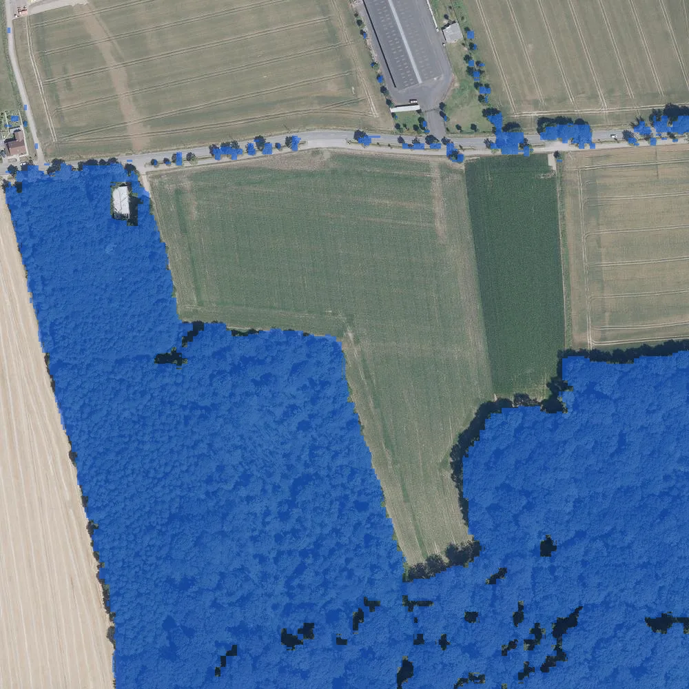 Aerial view near Dortmund with tree cover marked in blue