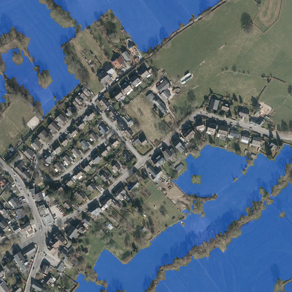 Aerial view of farmland around Aachen with agricultural parcels marked in blue